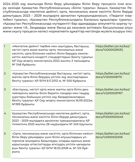 Оқу-тәрбие жұмысын ұйымдастыру бойынша нормативтік құқықтық актілер