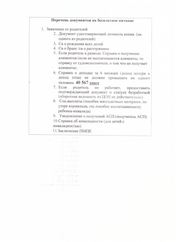 Перечень документов на бесплатное питание